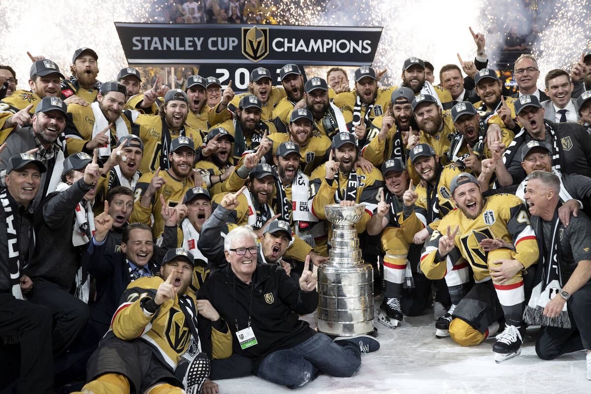 The Golden Knights pose for a team photo after winning the Stanley Cup Final against the Florid ...