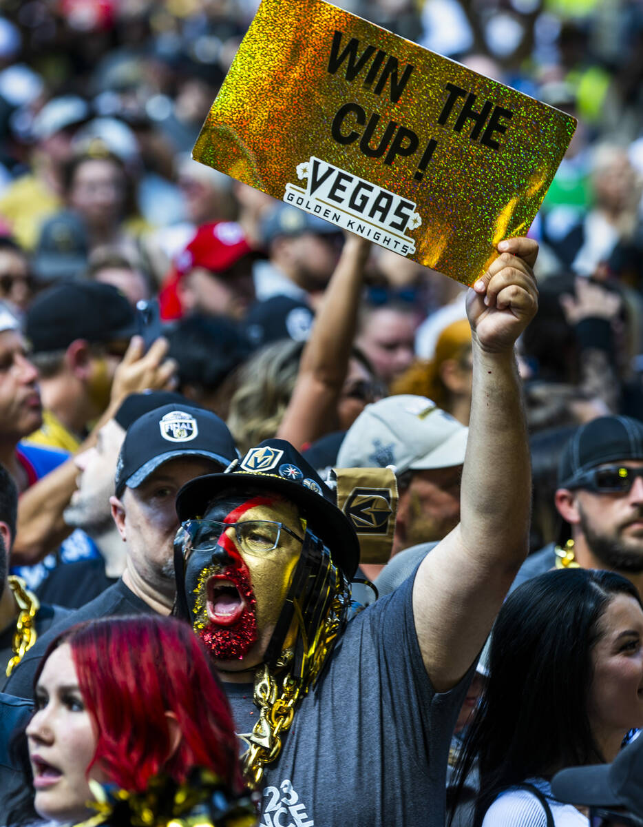 Fans listen to music and get pumped up outside before Game 5 of the NHL hockey Stanley Cup Fina ...