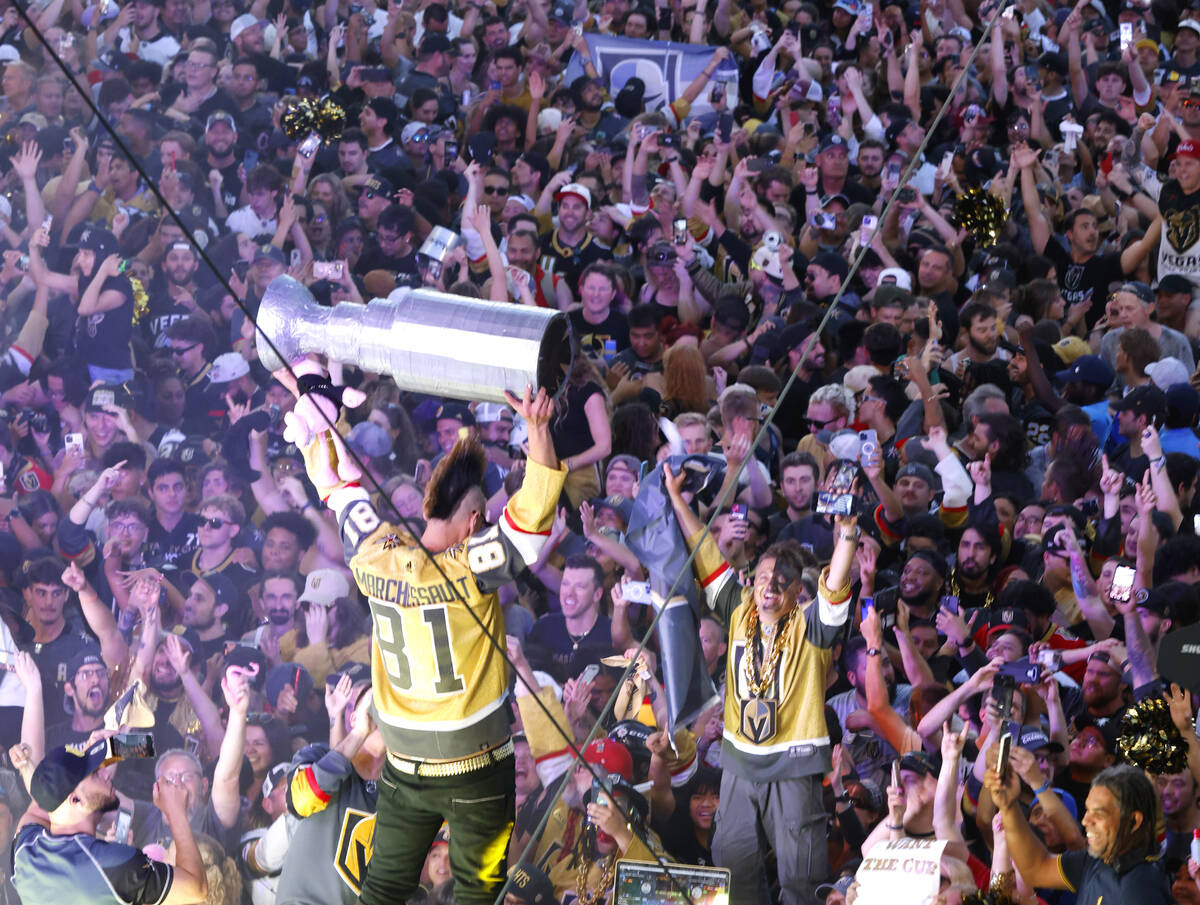 Golden Knights fans celebrate their team's Stanley Cup win against the Florida Panthers outside ...