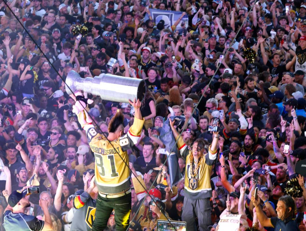 Golden Knights fans celebrate their team's Stanley Cup win against the Florida Panthers outside ...