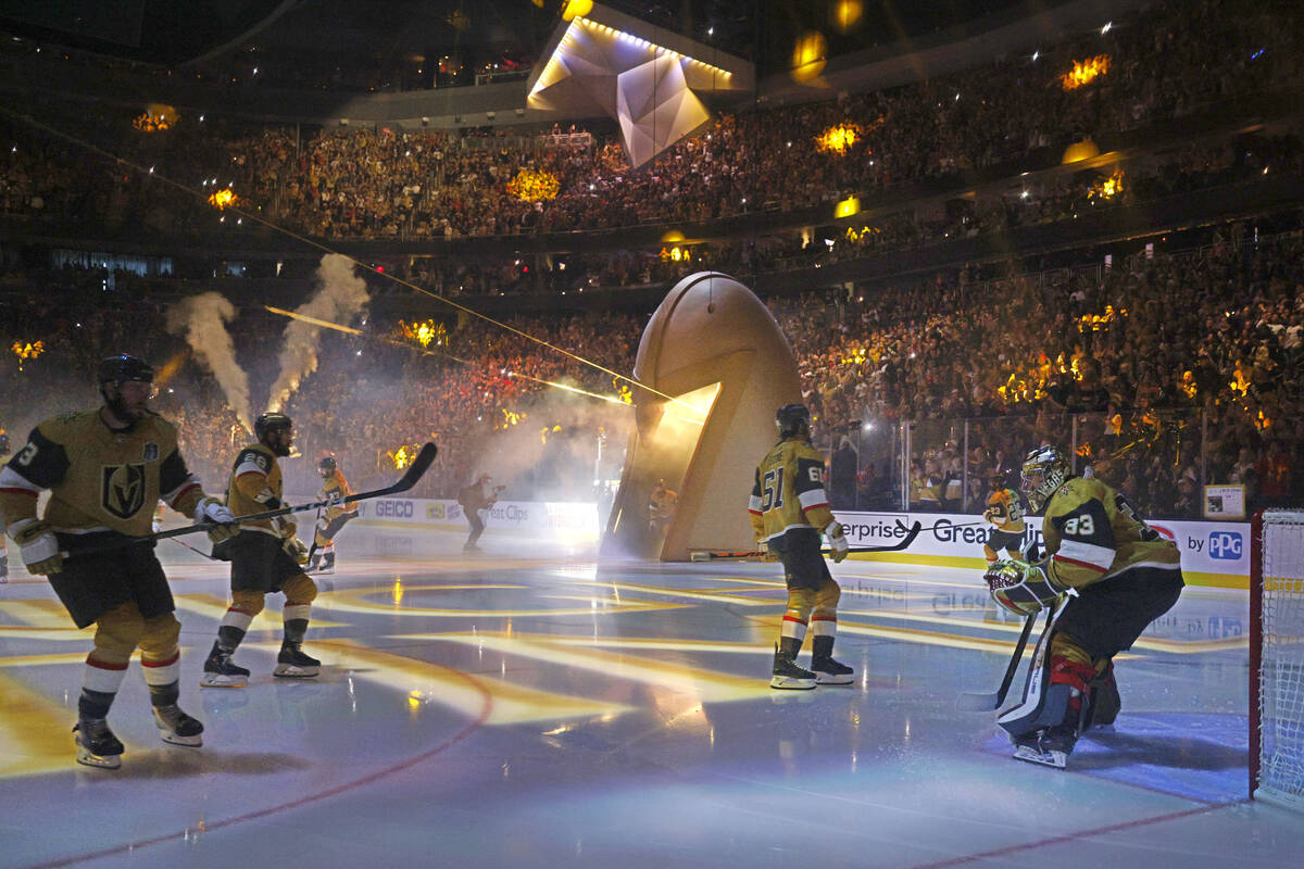 Golden Knights players come out during introductions before the first period in Game 5 of the N ...