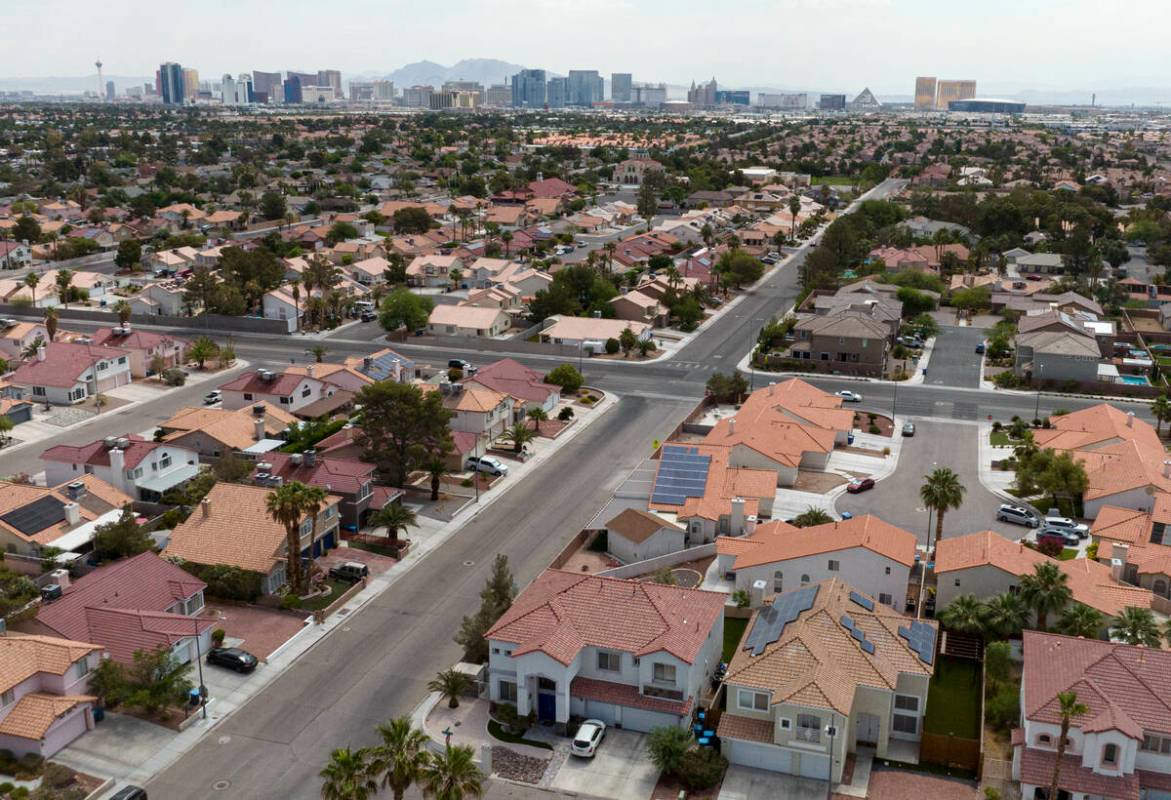 An aerial photo shows homes near Buffalo Drive, on Thursday, June 15, 2023, in Las Vegas. (Bizu ...