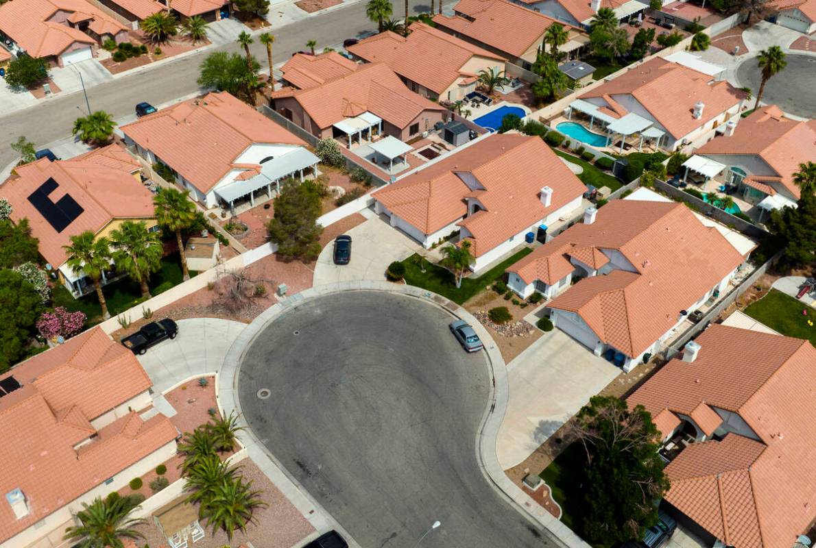 An aerial photo shows homes near Buffalo Drive, on Thursday, June 15, 2023, in Las Vegas. (Bizu ...