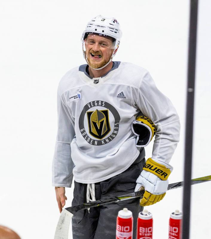 Golden Knights center Jack Eichel (9) laughs at a teammate during the morning skate before Game ...