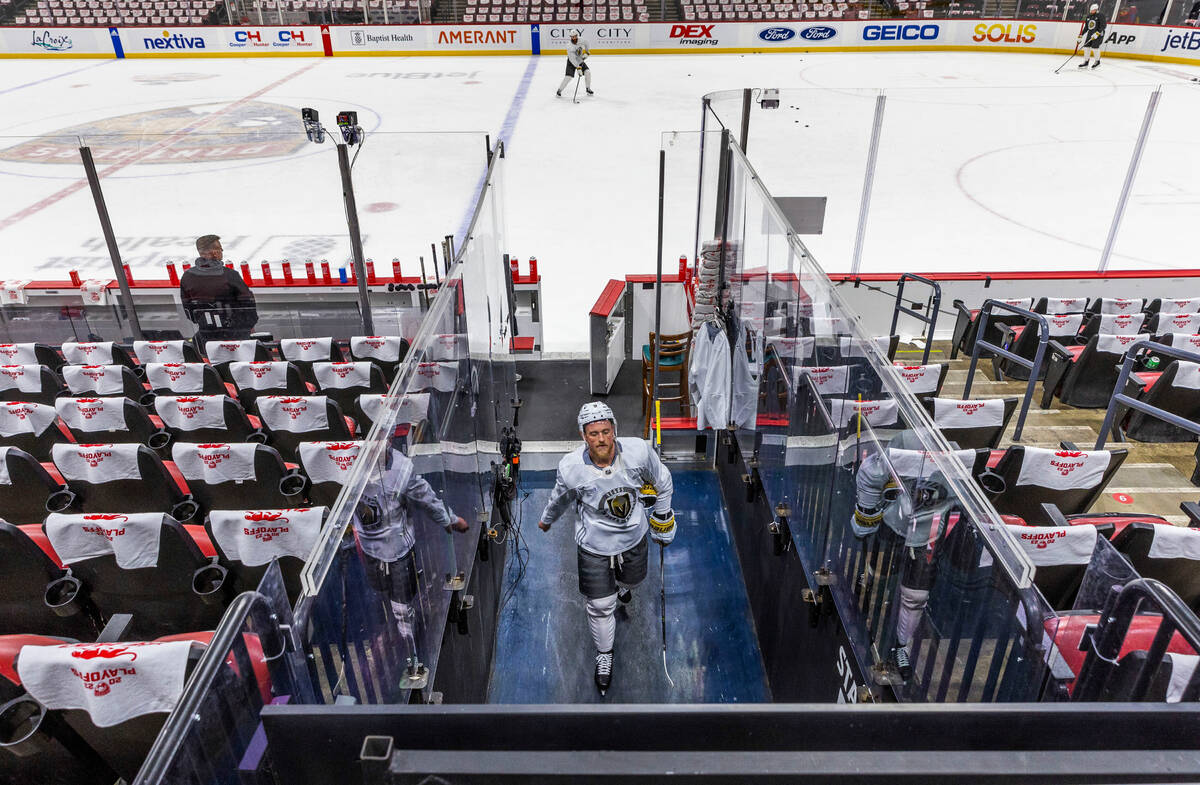 Golden Knights center Jack Eichel (9) leaves the ice following an early skate before Game 3 of ...