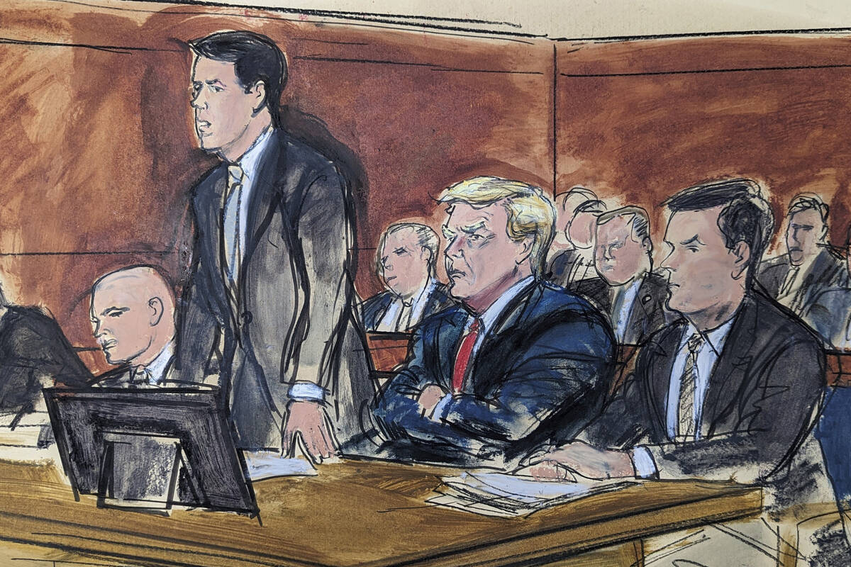 In this courtroom sketch, attorney Todd Blanche stands as he enters a plea of not guilty on beh ...