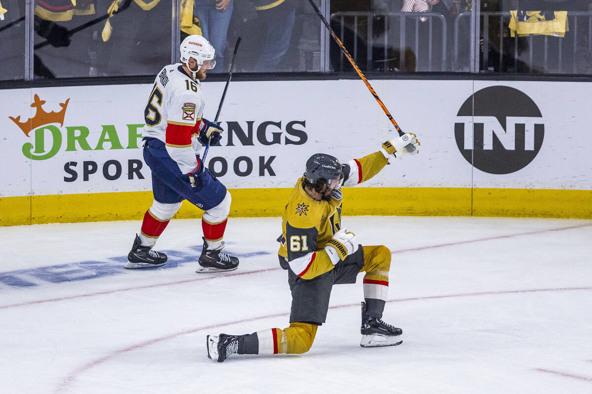 Golden Knights right wing Mark Stone (61) celebrates after scoring on Florida Panthers goaltend ...