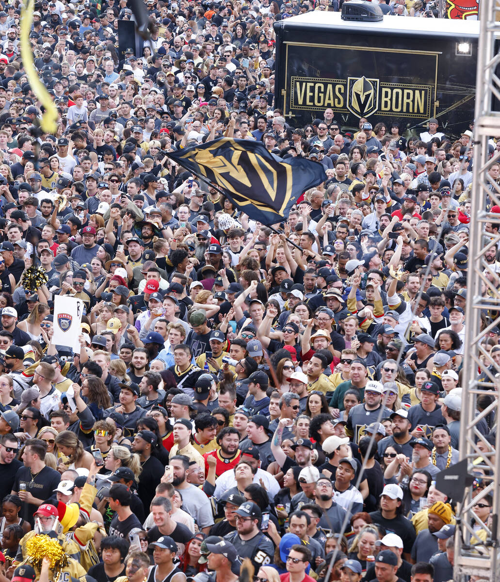 Golden Knights fans celebrate their teams Stanley Cup win against the Florida Panthers outside ...