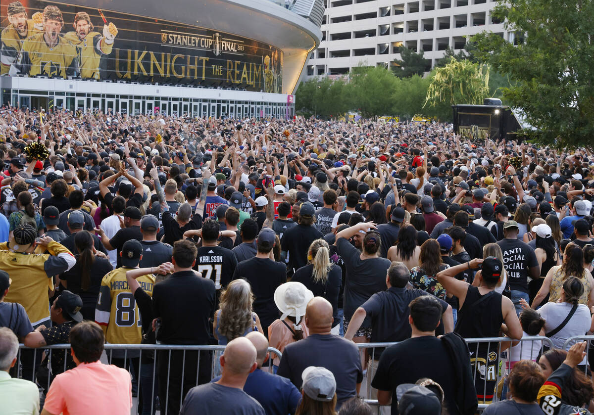 Golden Knights fans celebrate their team's Stanley Cup win against the Florida Panthers outside ...