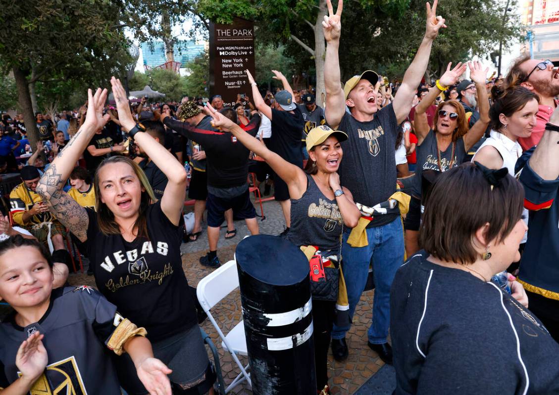 Golden Knights fans celebrate their team's Stanley Cup win against the Florida Panthers outside ...