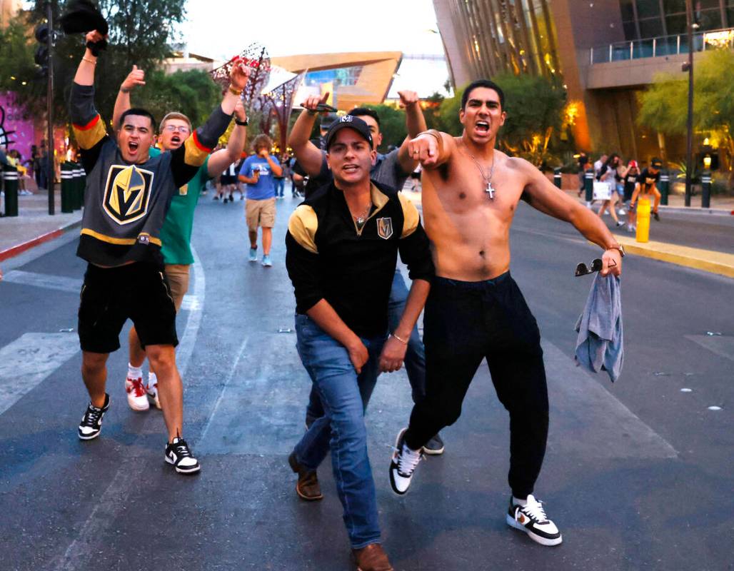 Golden Knights fans celebrate their teams Stanley Cup win against the Florida Panthers, outside ...