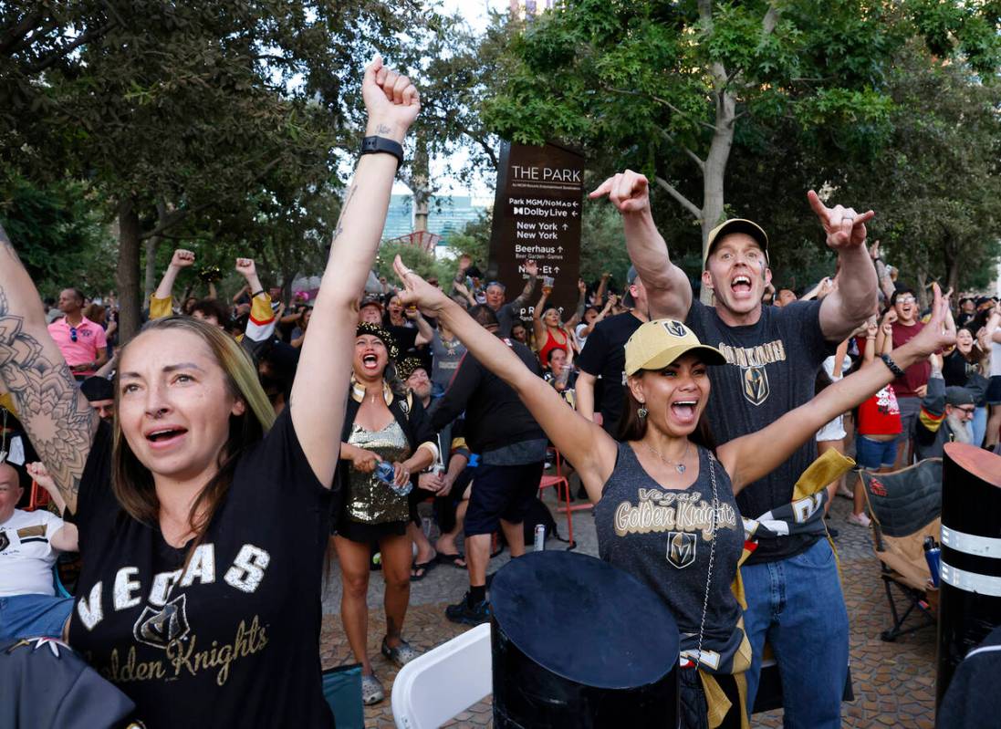 Golden Knights fans celebrate their team's Stanley Cup win against the Florida Panthers outside ...