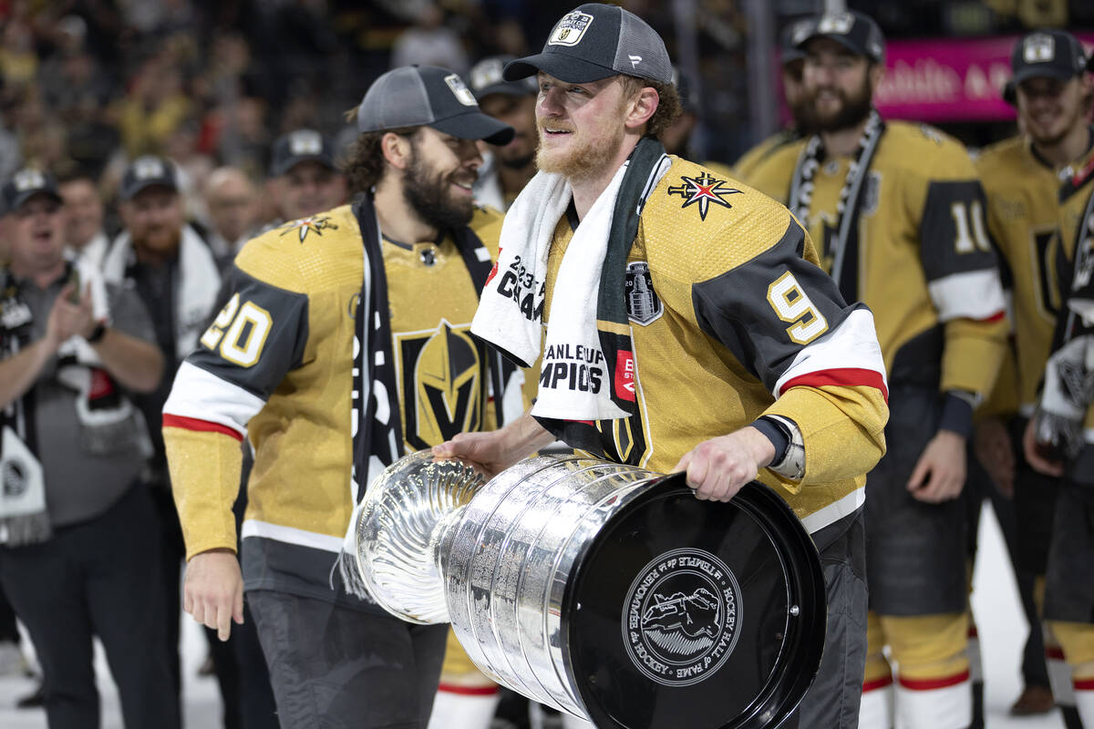 Golden Knights center Jack Eichel (9) skates with the Stanley Cup after defeating the Florida P ...