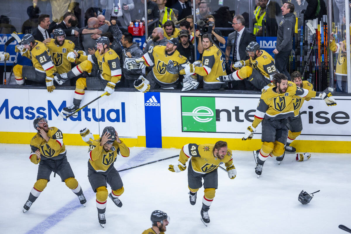 The Golden Knights players leave the bench in celebration of their 9-3 win over the Florida Pan ...