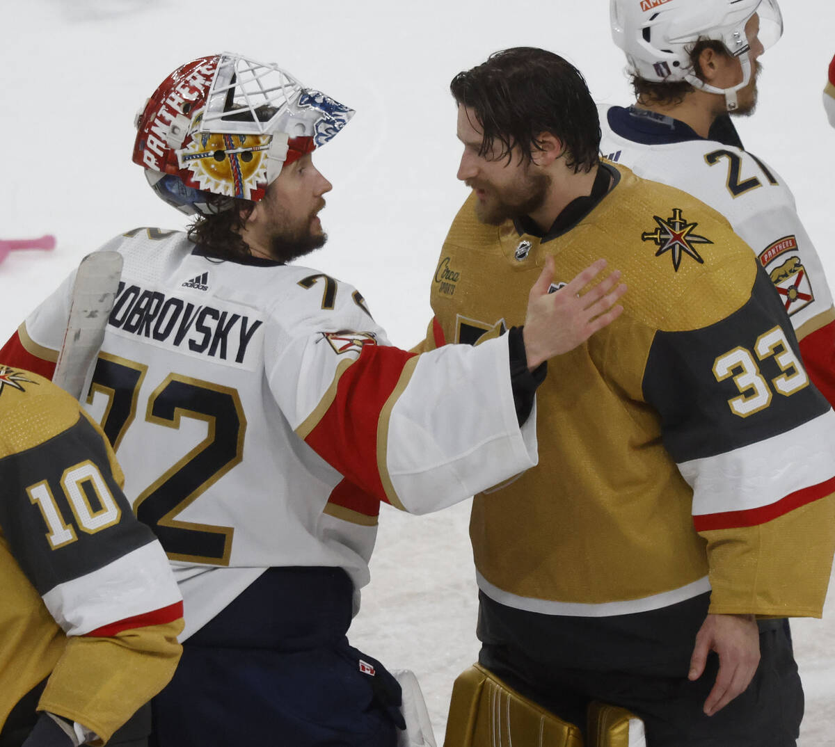 Florida Panthers goaltender Sergei Bobrovsky (72) congratulates Golden Knights goaltender Adin ...