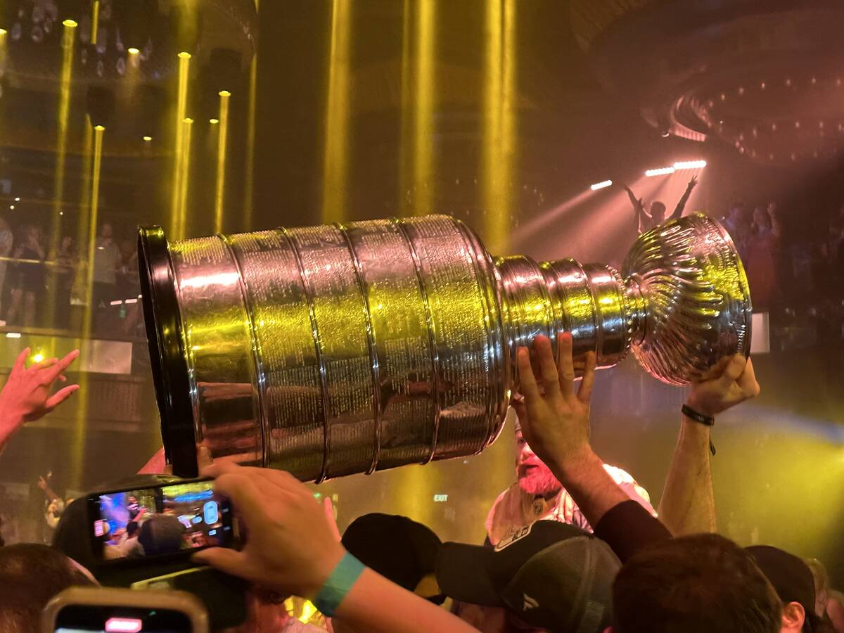 Mark Stone holds aloft the Stanley Cup at Omnia at Caesars Palace after the Vegas Golden Knight ...