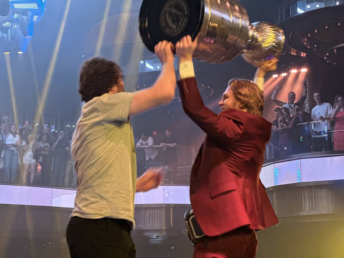 Mark Stone and William Karlsson hold aloft the Stanley Cup at Omnia at Caesars Palace after the ...