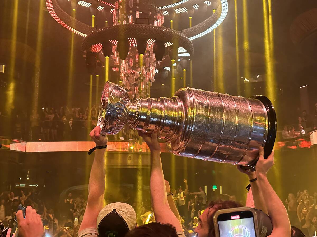 Mark Stone holds aloft the Stanley Cup at Omnia at Caesars Palace after the Vegas Golden Knight ...