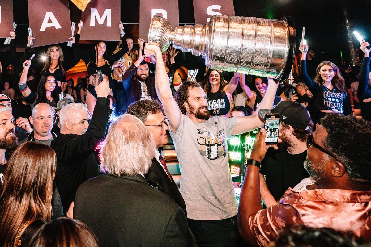 Golden Knights captain Mark Stone holds the Stanley Cup at Omnia nightclub at Caesars Palace on ...