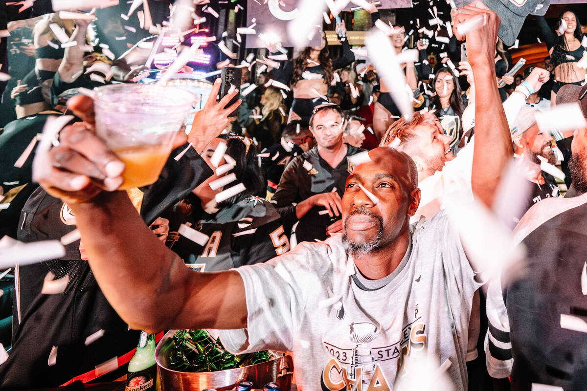 Partygoers celebrate the Vegas Golden Knights' Stanley Cup championship at Omnia at Caesars Pal ...