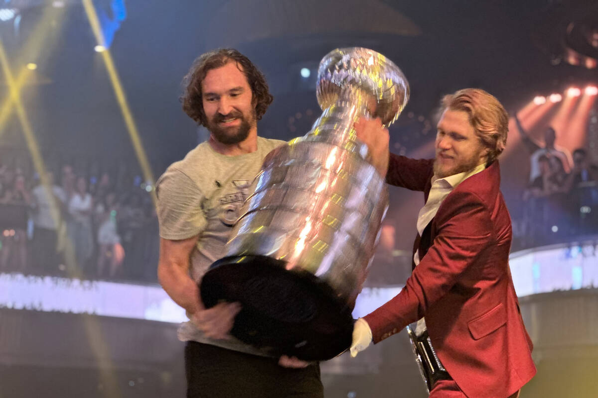 Mark Stone and William Karlsson hold the Stanley Cup at Omnia at Caesars Palace after the Vegas ...