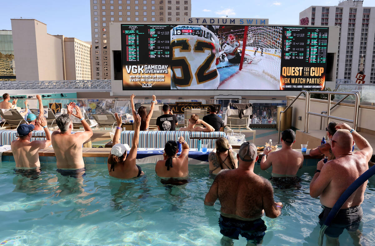 Golden Knights fans cheer their team’s second goal during Game 5 of the Stanley Cup Final ser ...