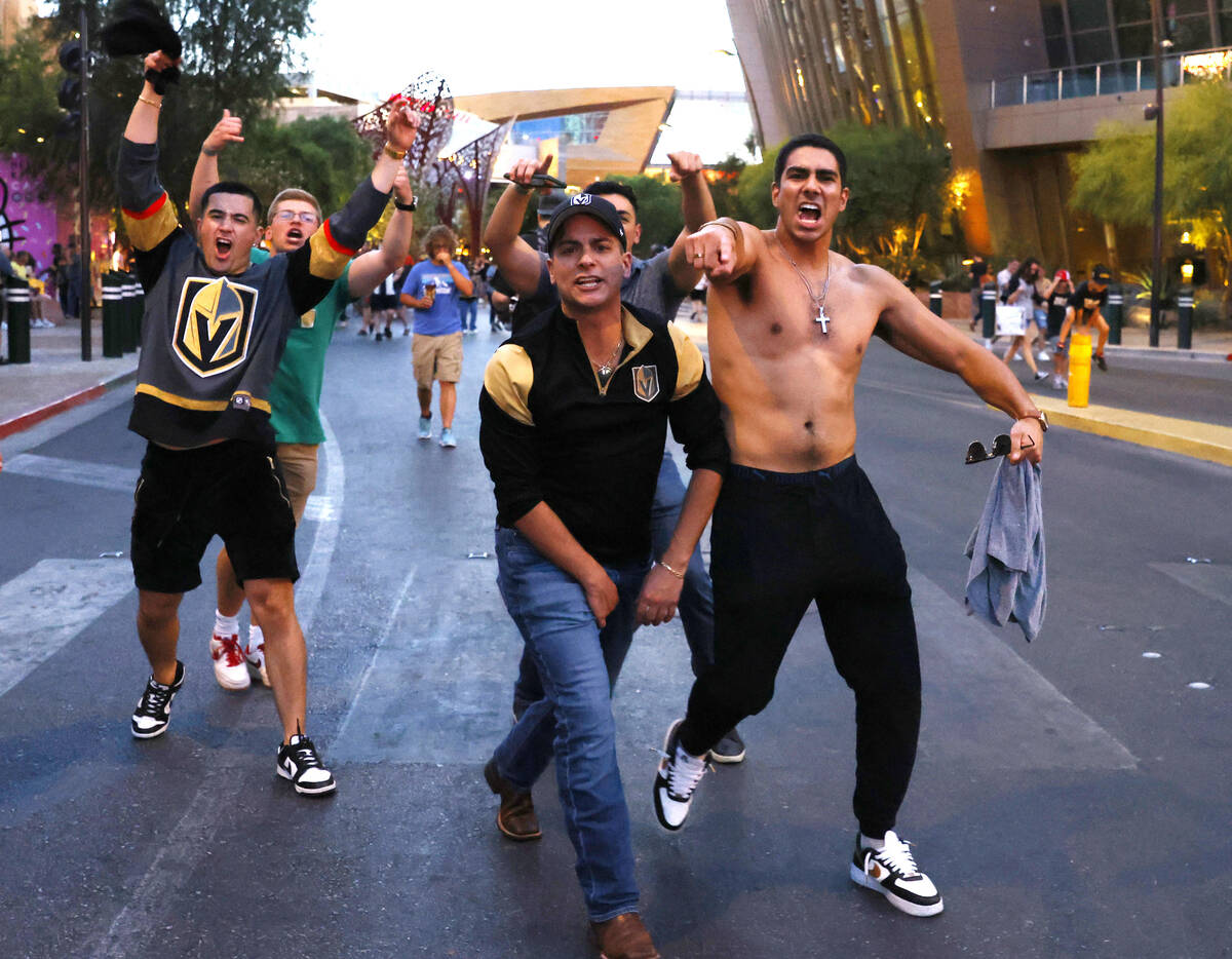 Golden Knights fans celebrate their team's Stanley Cup win against the Florida Panthers outside ...