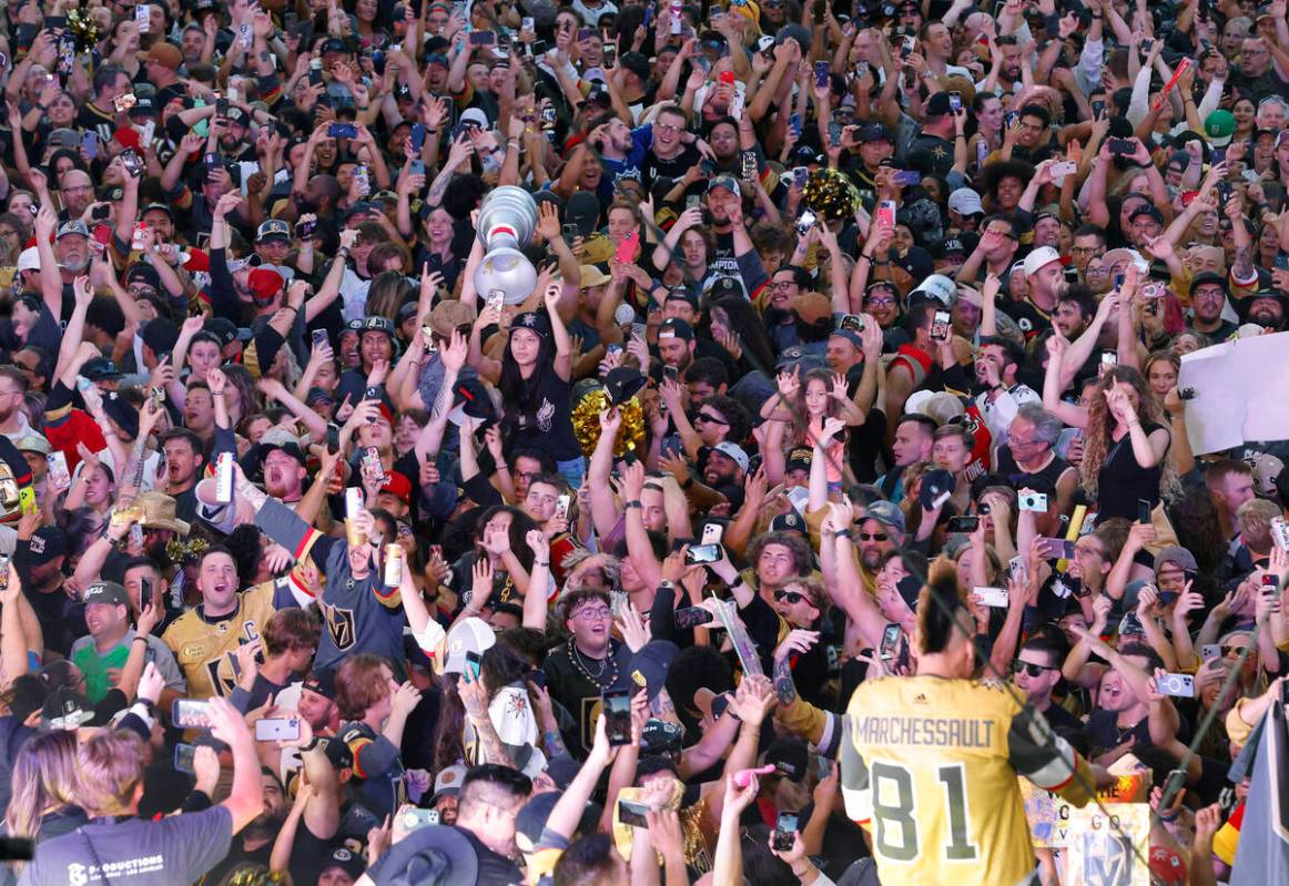 Golden Knights fans celebrate their team's Stanley Cup win against the Florida Panthers outside ...