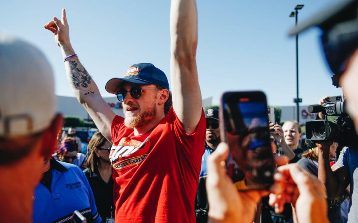 Golden Knights center Jack Eichel greets fans on Friday, June 16, 2023, at Raising Canes in Las ...