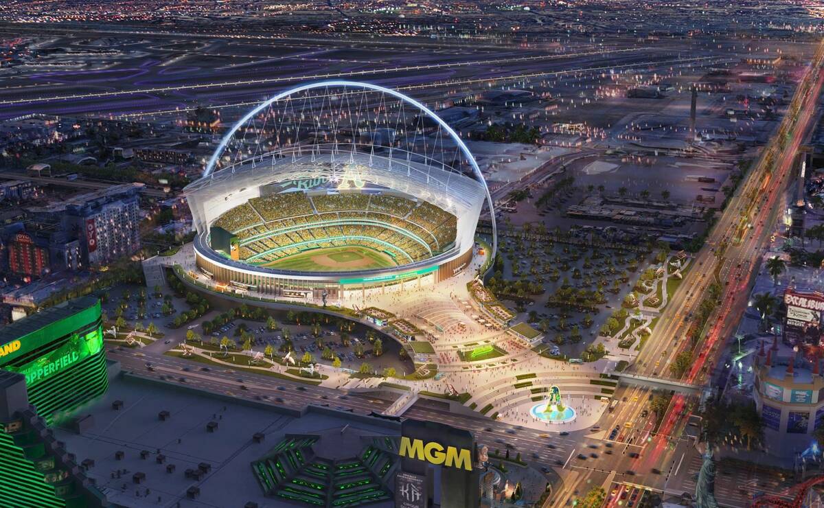 An artist rendering of what the Oakland Athletics Las Vegas ballpark could look like. The $1.5 ...