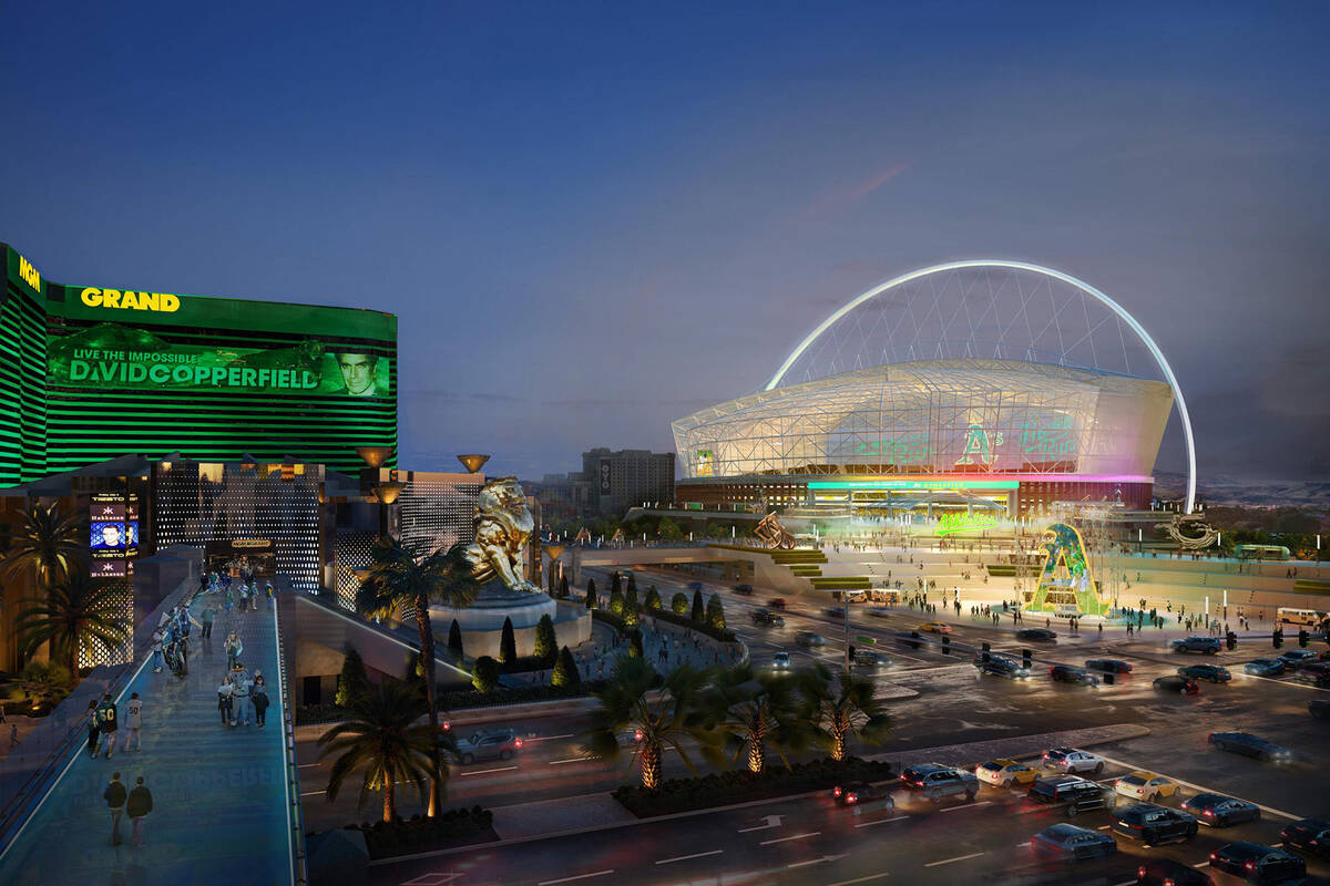 An artist rendering of what the Oakland Athletics Las Vegas ballpark could look like. The $1.5 ...