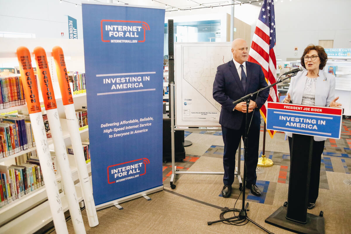 Sen. Jacky Rosen, right, speaks about funding that she secured to expand high-speed internet ac ...