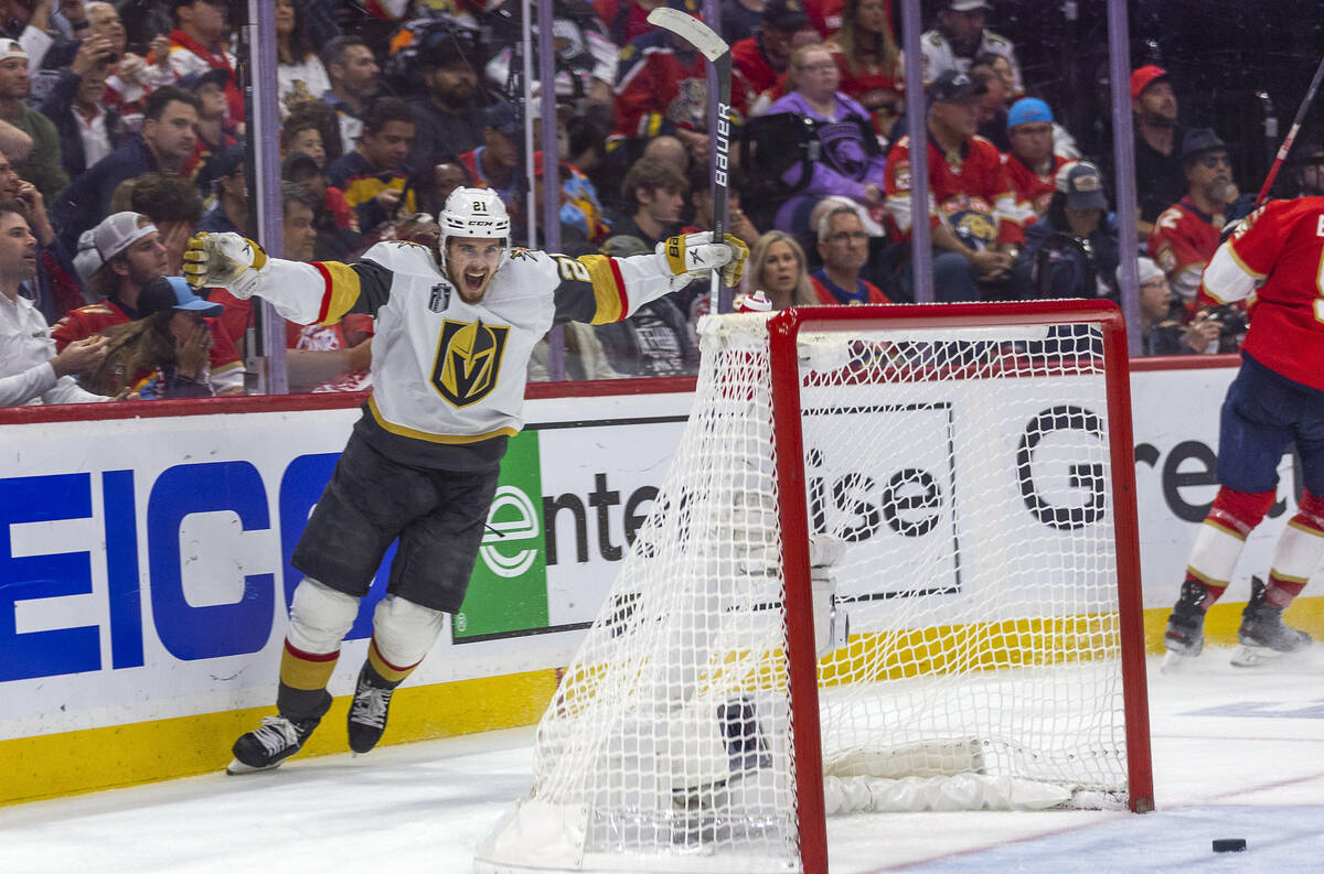 Golden Knights center Brett Howden (21) celebrates a score against the Florida Panthers in peri ...