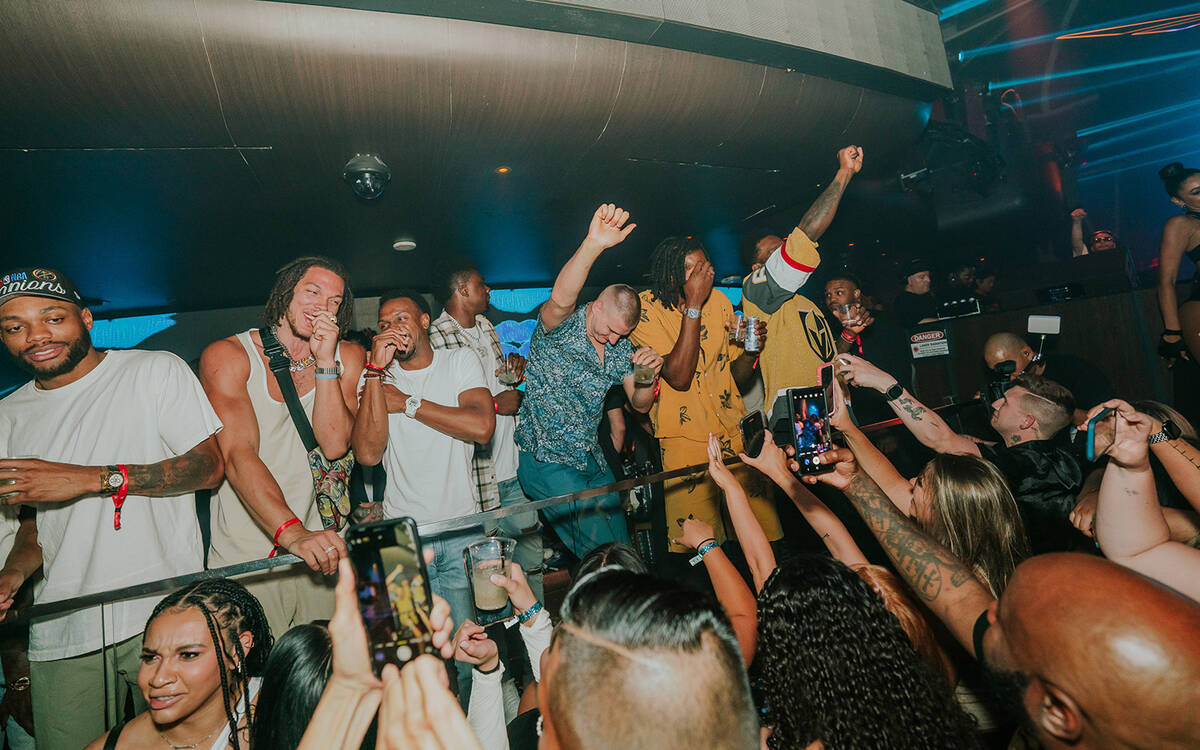 Denver Nuggets players celebrate their NBA championship at Hakkasan Nightclub at MGM Grand on T ...