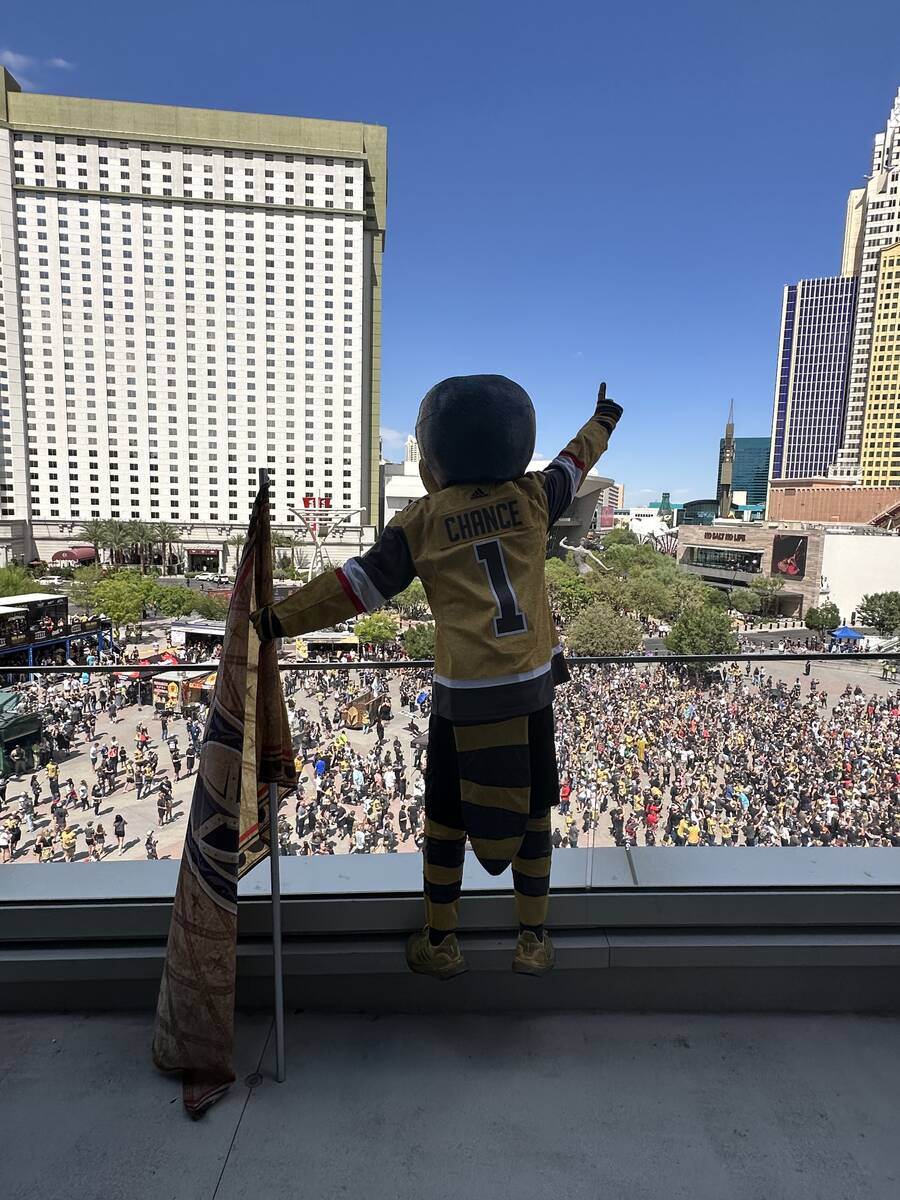 Vegas Golden Knights mascot Chance overlooks Toshiba Plaza at T-Mobile Arena prior to Game 5 of ...