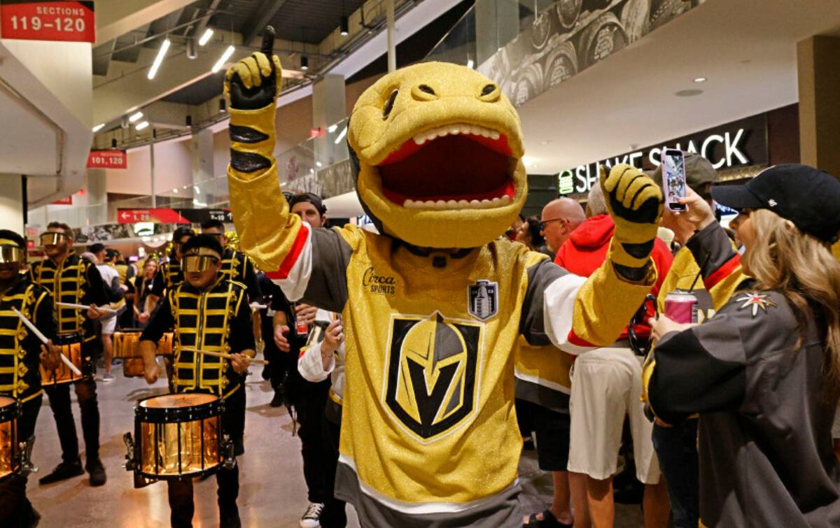 Golden Knights mascot Chance joins a march with the Knight Line before the Game 5 of the NHL ho ...