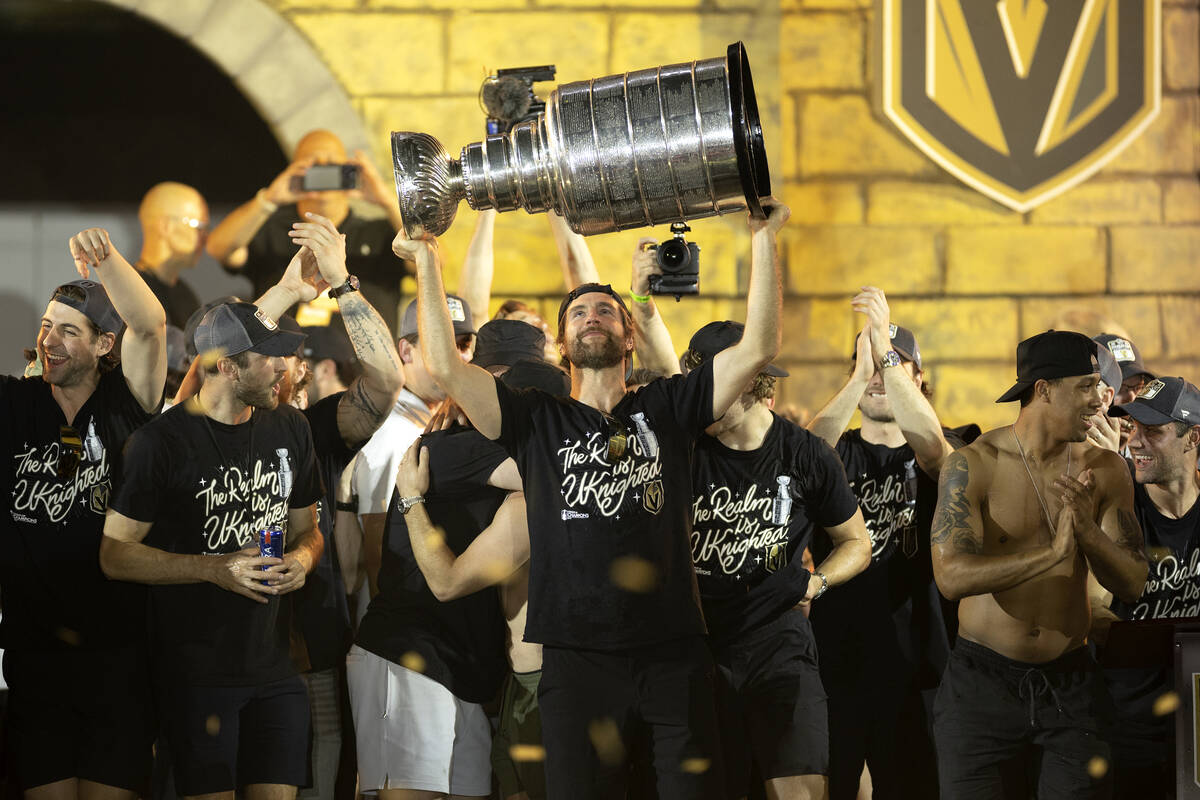 Golden Knights defenseman Alex Pietrangelo celebrates with the Stanley Cup during Golden Knight ...