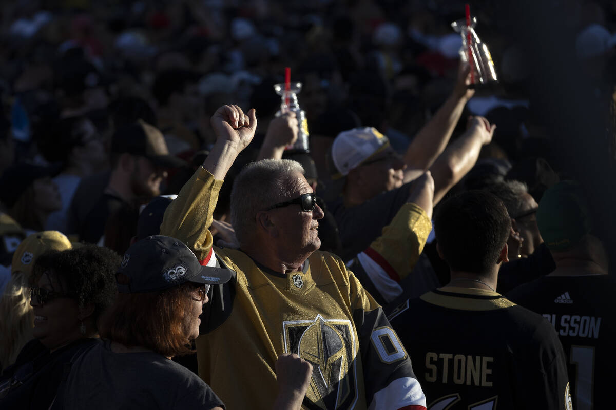 The Golden Knights fans celebrate their team’s Stanley Cup Final win outside T-Mobile Ar ...