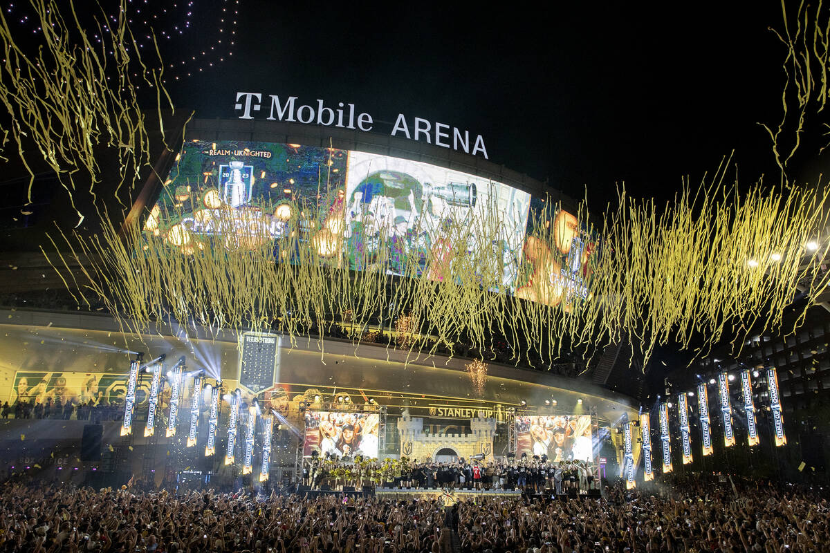 Confetti shoots into the air during the Golden Knights celebration for their Stanley Cup Final ...