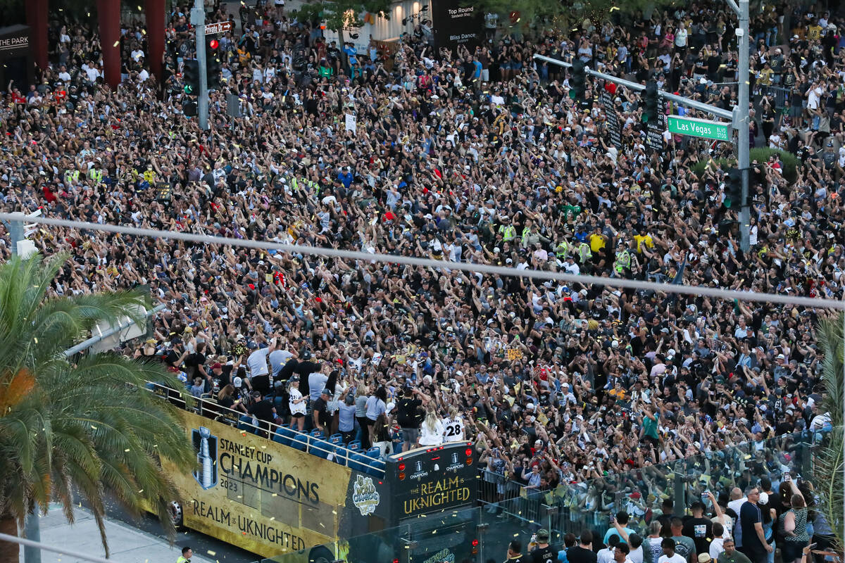 Fans gather on Las Vegas Boulevard in and around Toshiba Plaza at the Vegas Golden Knights Stan ...