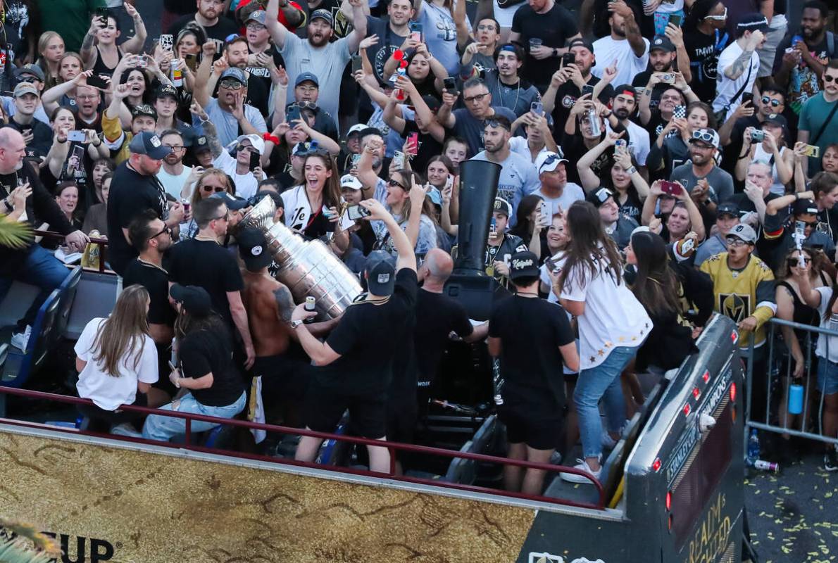 Golden Knight’s players drink out of the Stanley Cup during the Vegas Golden Knights Sta ...