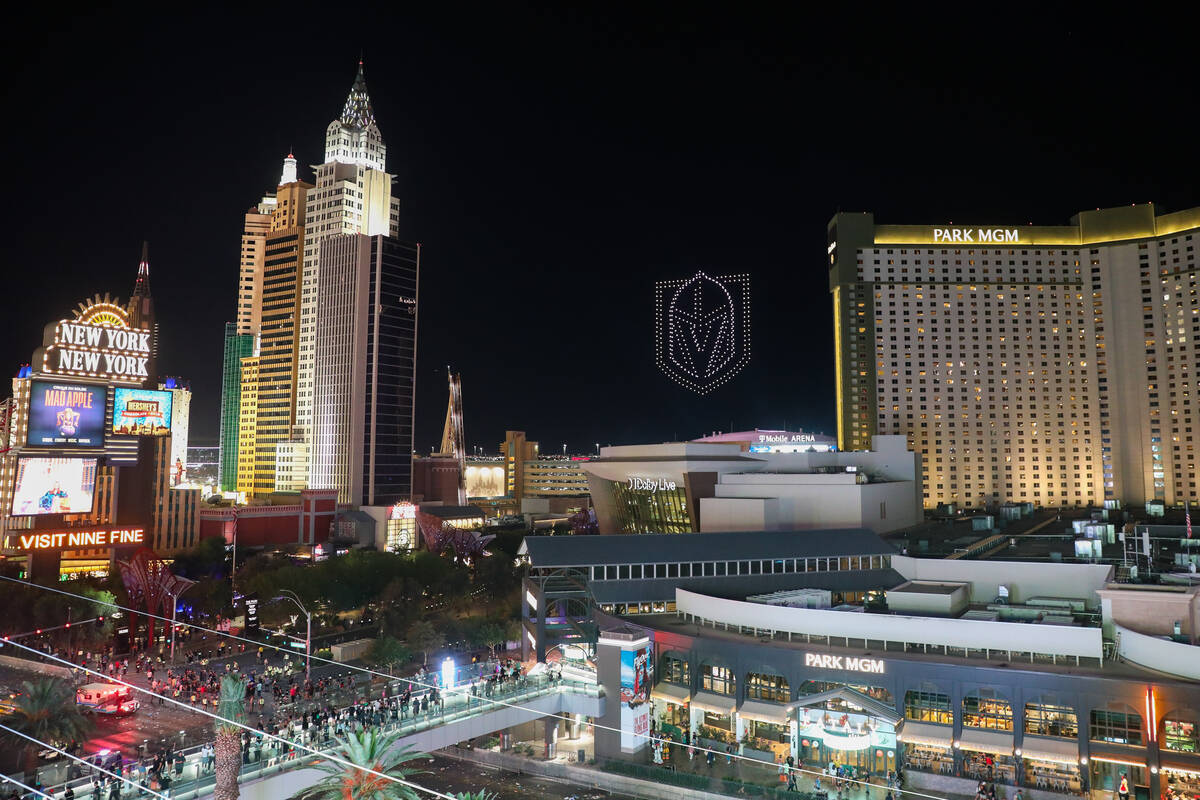 A drone light show is displayed above the T-Mobile Arena during the Vegas Golden Knights Stanle ...