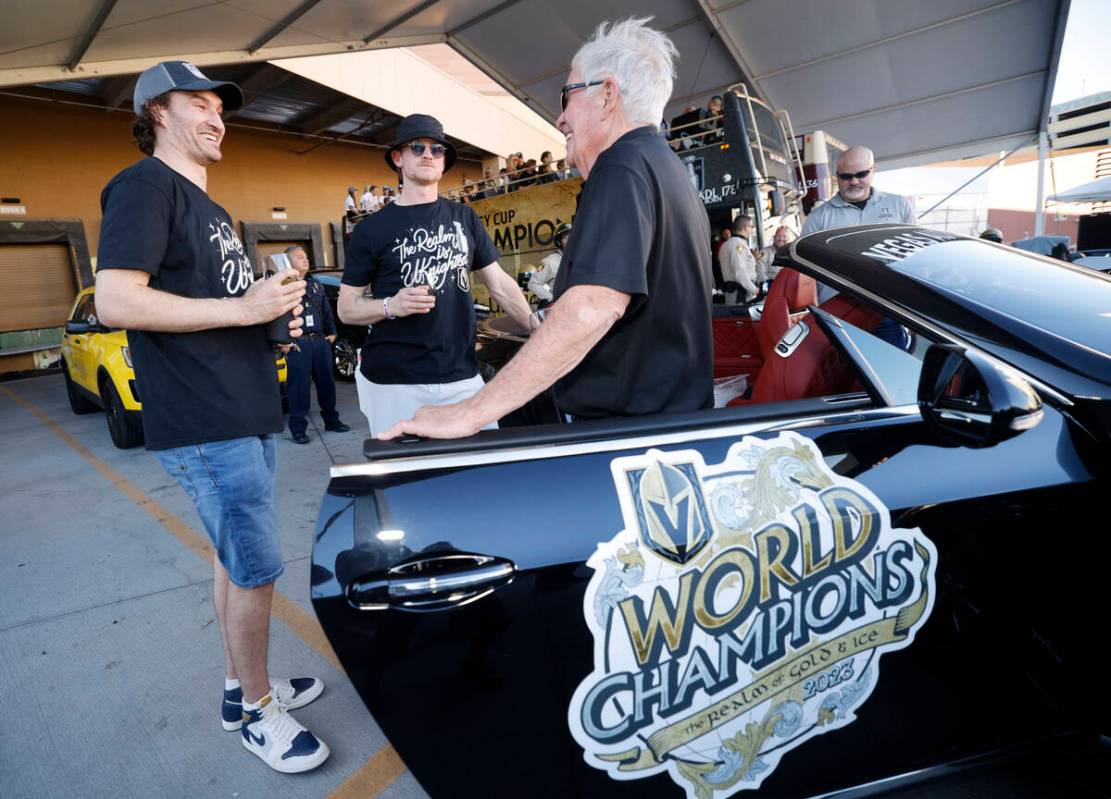 Golden Knights right wing Mark Stone, from left, Golden Knights center Jack Eichel and Golden K ...