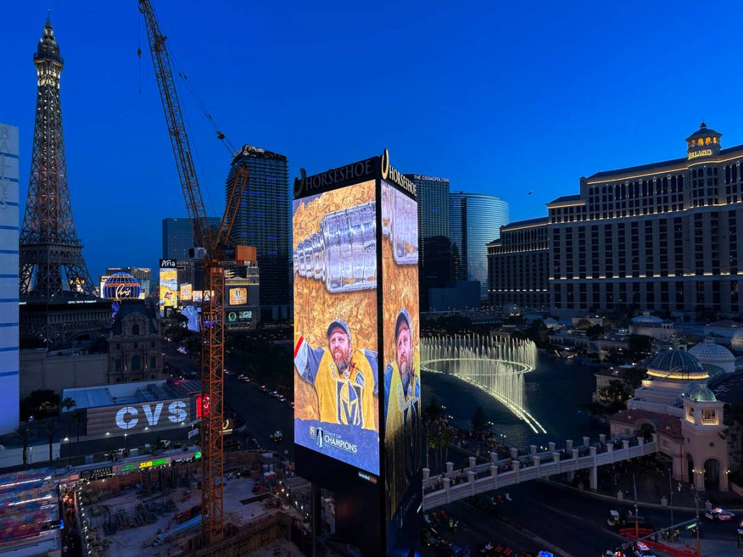 Marquees on the Strip near Flamingo Road celebrate the Golden Knights’ Stanley Cup champ ...