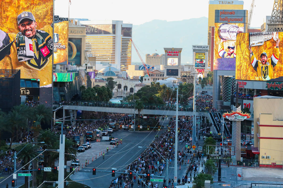 Fans gather on Las Vegas Boulevard in and around Toshiba Plaza at the Vegas Golden Knights Stan ...