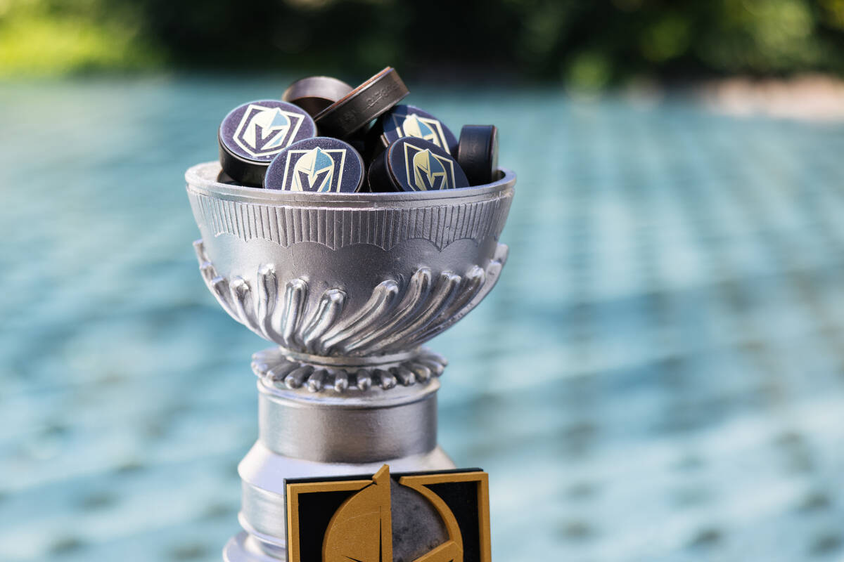 A detail shot of the chocolate pucks inside the chocolate Stanley Cup created by Wynn pastry ch ...