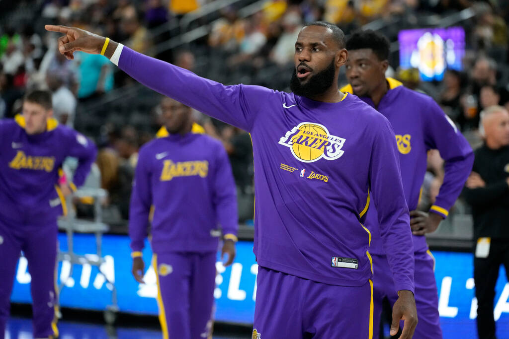 Los Angeles Lakers forward LeBron James (6) warms up before a preseason NBA basketball game Wed ...