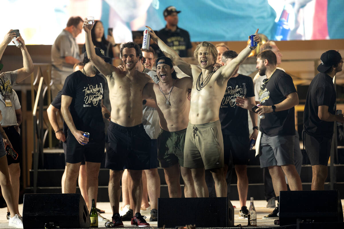 Golden Knights right wing Reilly Smith, left, right wing Jonathan Marchessault and William Karl ...