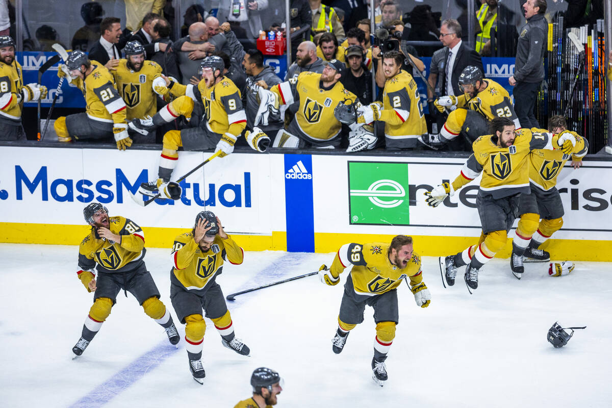 Golden Knights begin to celebrate leaving the bench as the clock winds down against the Florida ...