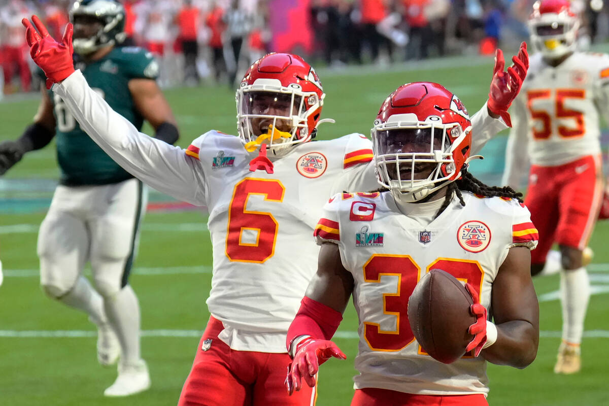 Kansas City Chiefs linebacker Nick Bolton (32) celebrates after scoring a touchdown after recov ...